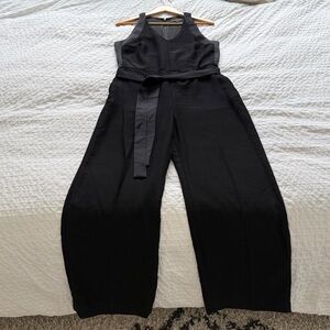 J. Crew Black Sleeveless V-Neck Wide Leg Jumpsuit with Satin Waist Tie